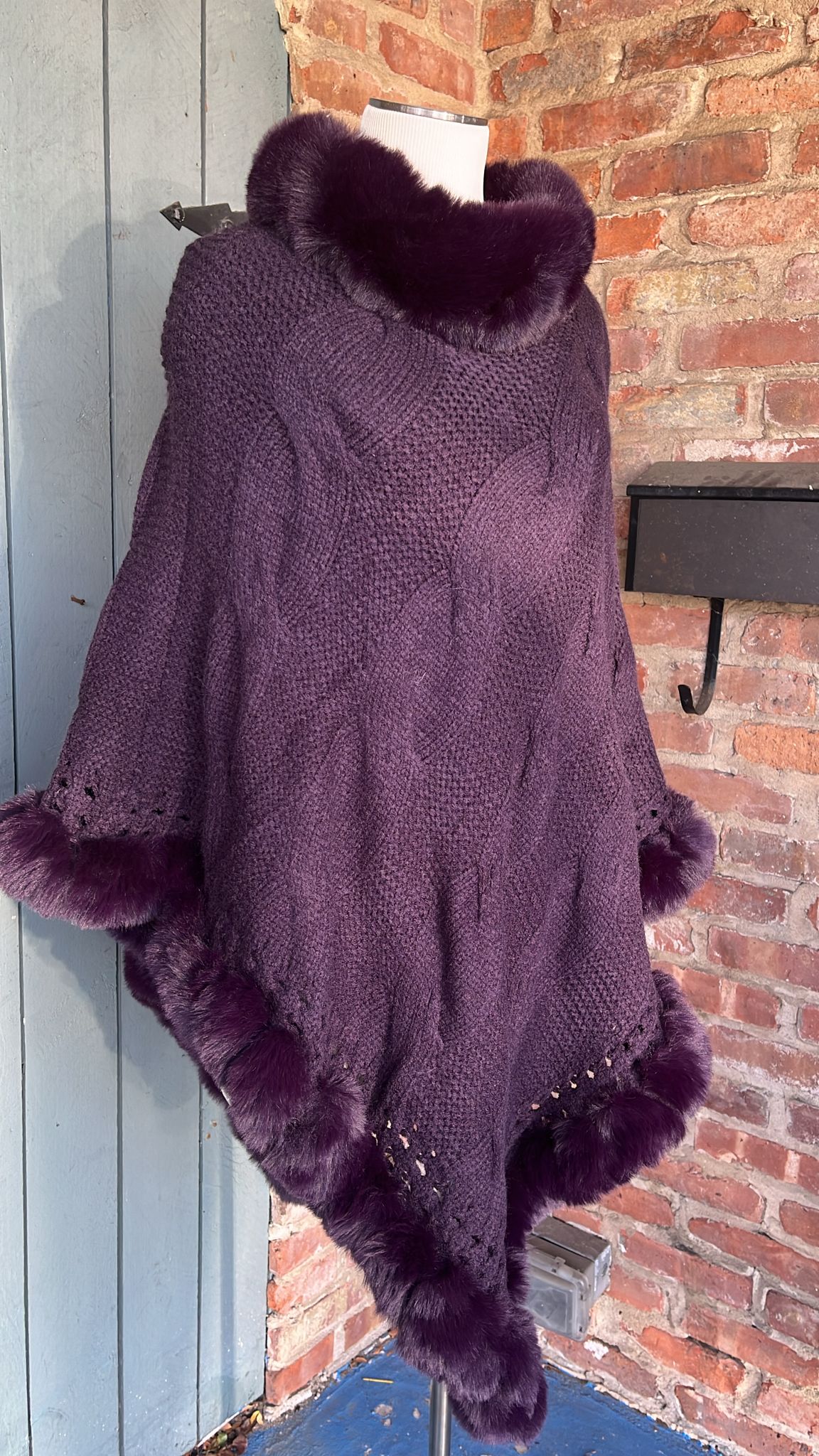 Violet Knitted Poncho Shawl with Faux Fur.