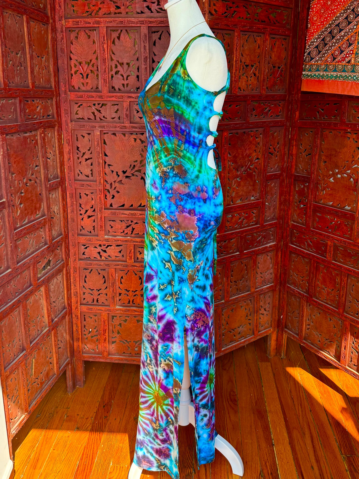 Blue and Green Lace-Up Maxi Dress