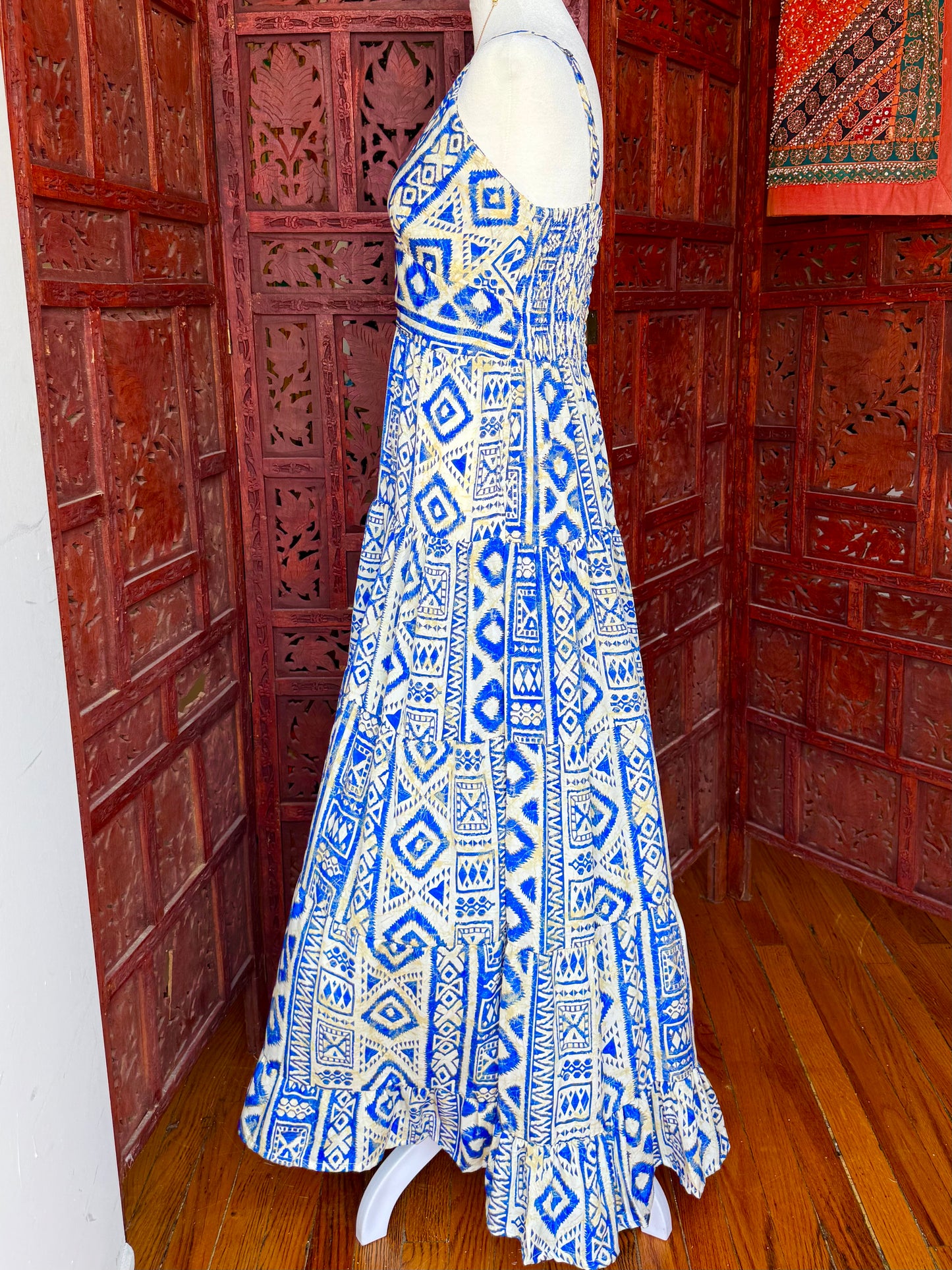 White and Blue Pattern Maxi Dress