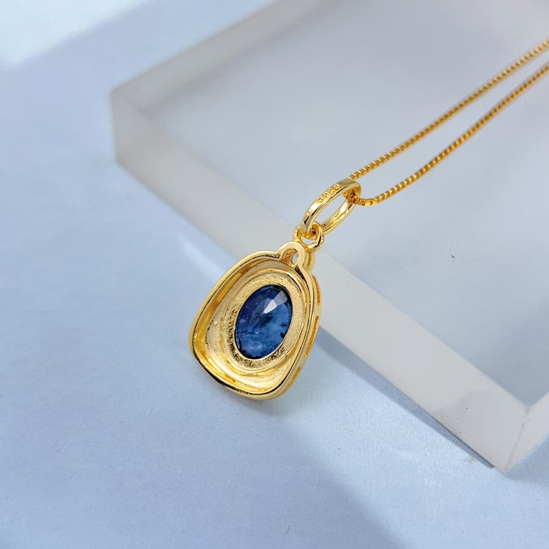 Handmade Blue Sapphire Bezel Gold Vermeil Pendant - supplier photo angle 8550