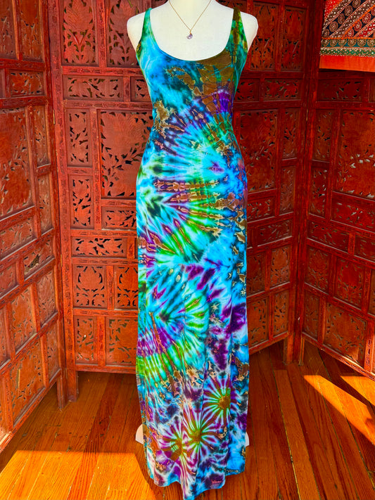 Blue and Green Lace-Up Maxi Dress