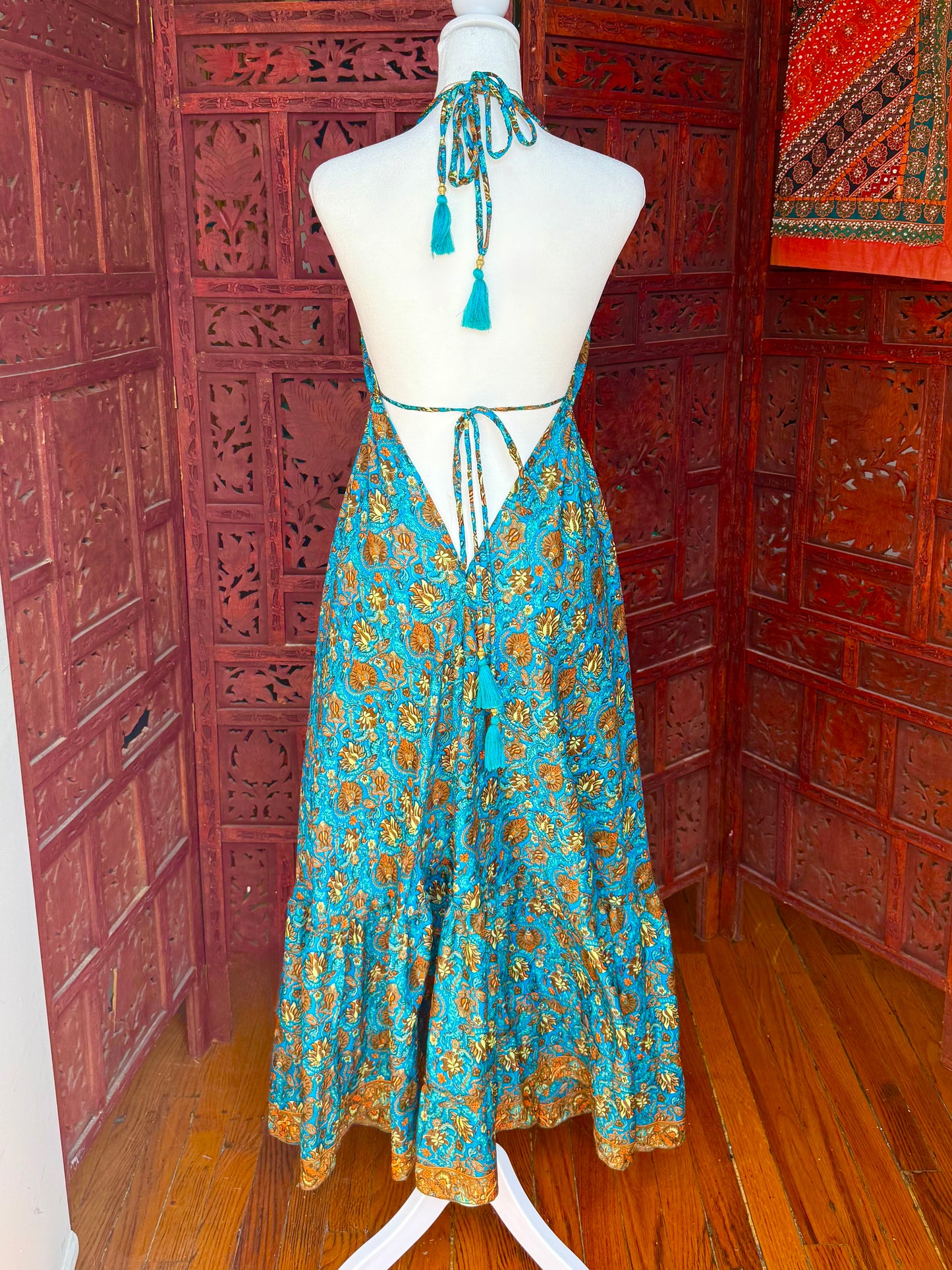 Ocean Blue and Ember Halter Maxi Dress