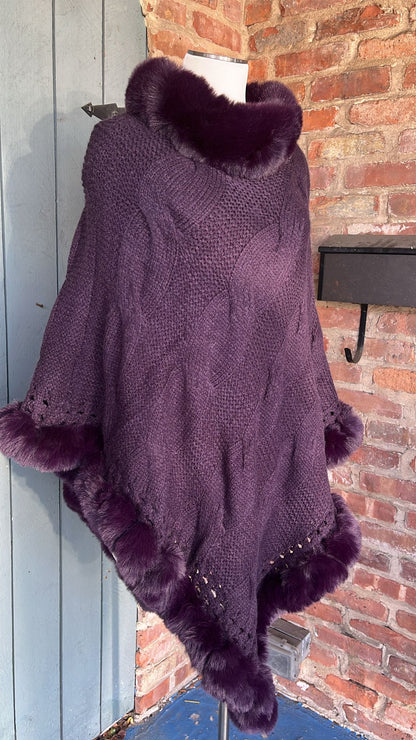 Violet Knitted Poncho Shawl with Faux Fur