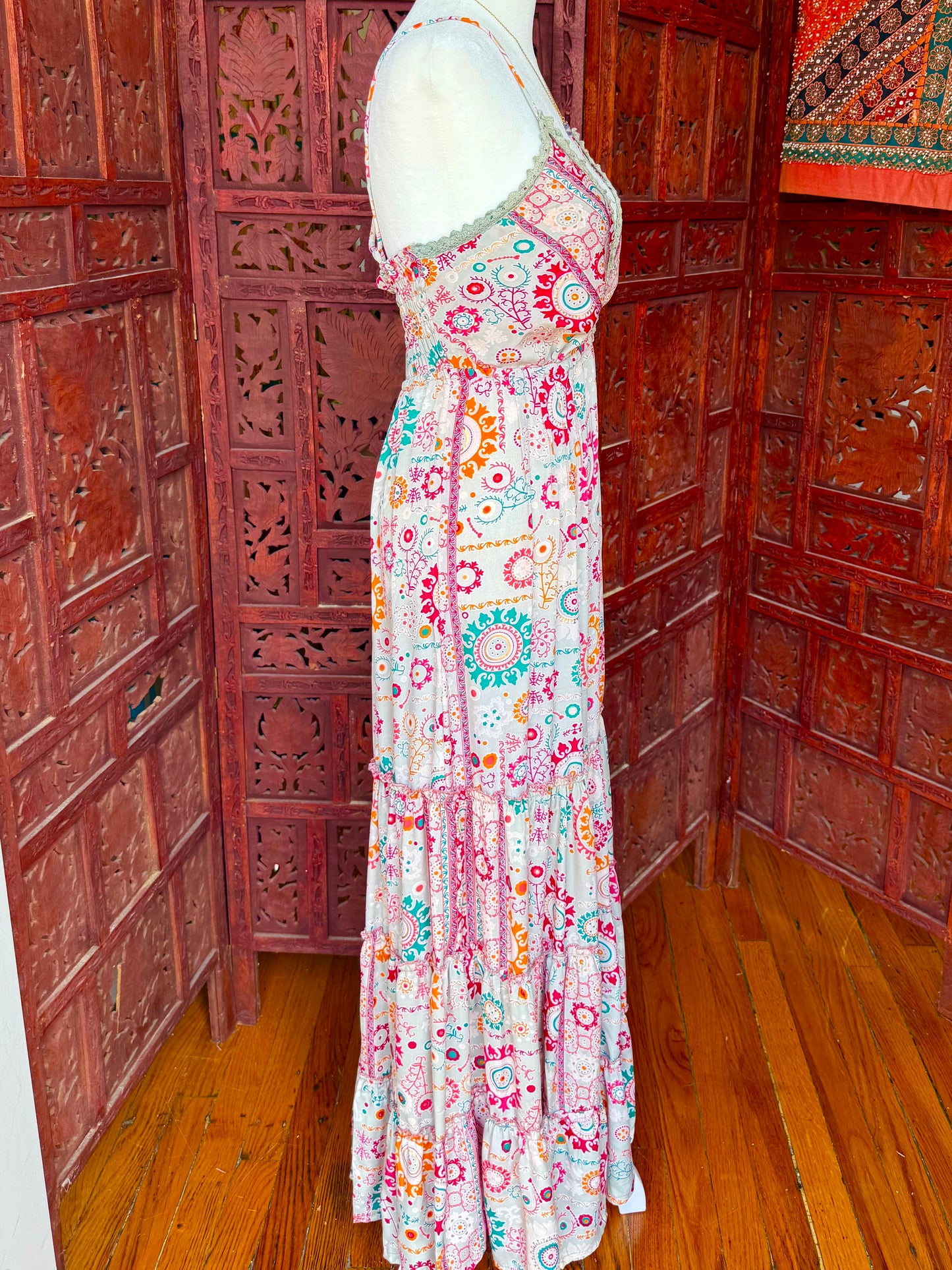 Cream Bohemian Printed Tiered Maxi Dress