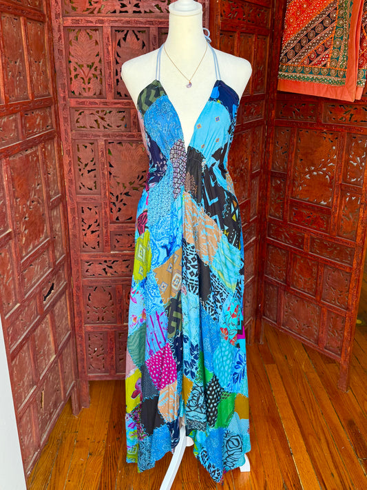 Blue Patchwork Halter Maxi Dress