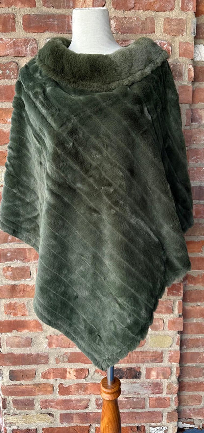 Olive Green Poncho Shawl with Faux Fur