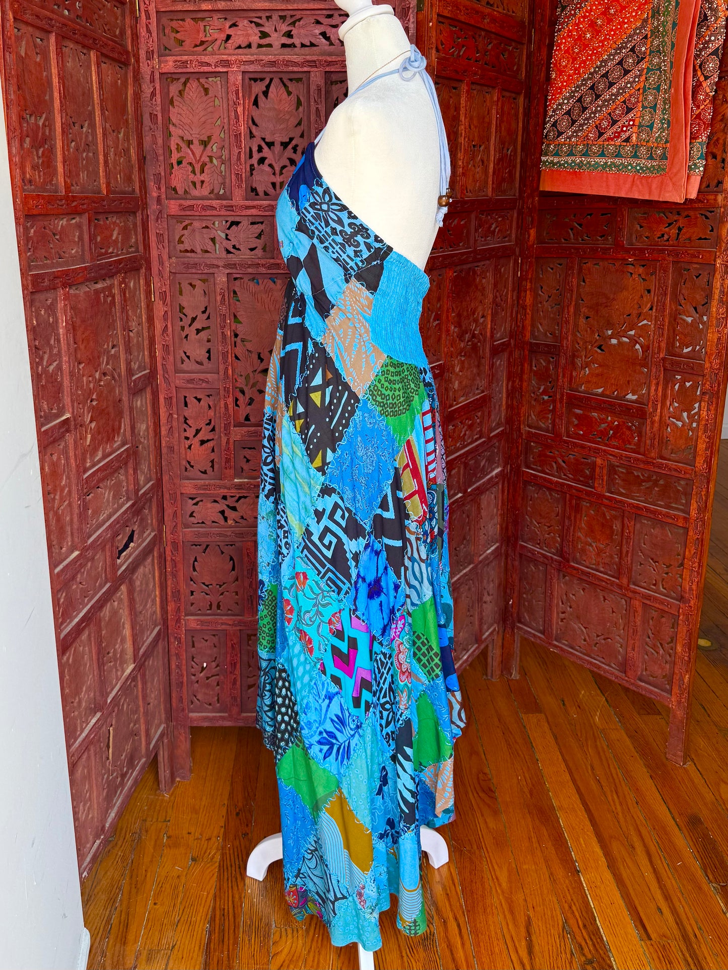 Blue Patchwork Halter Maxi Dress