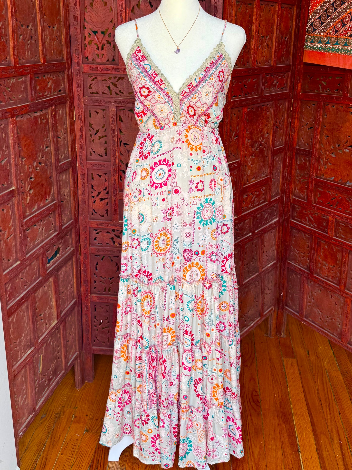 Cream Bohemian Printed Tiered Maxi Dress