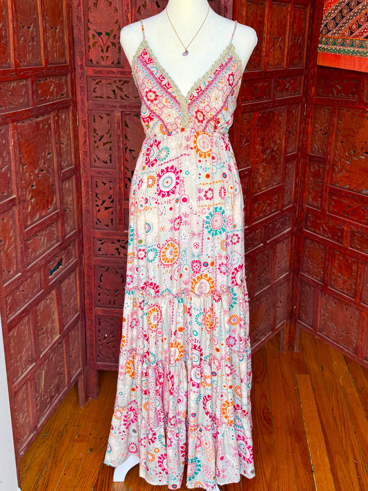 Cream Bohemian Printed Tiered Maxi Dress