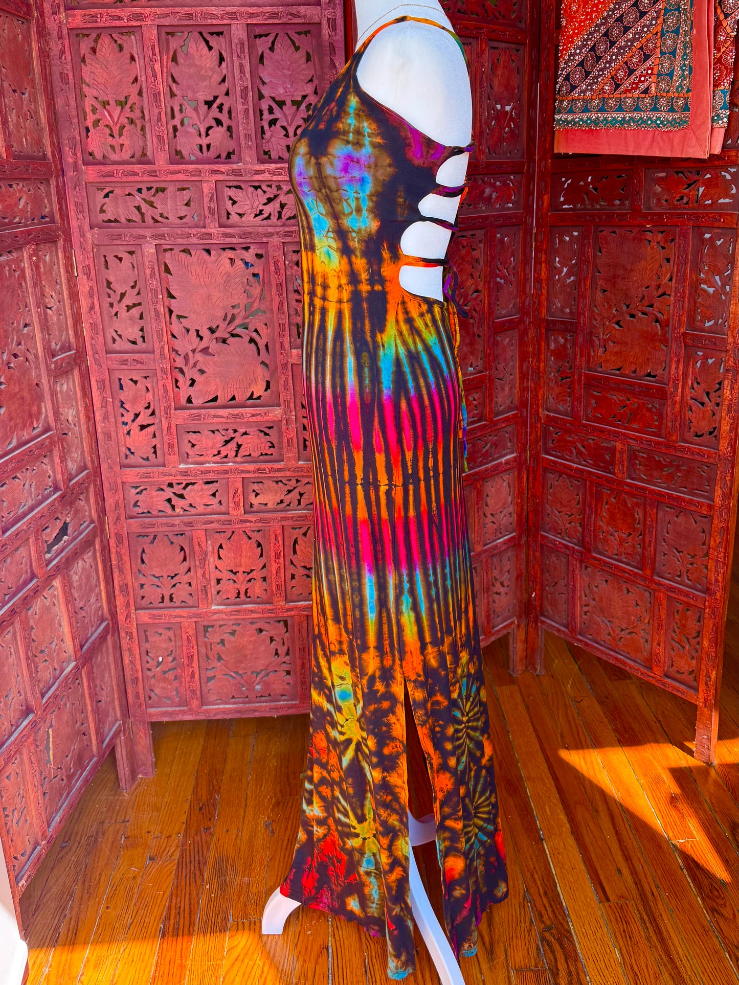 Midnight Prism Lace-Up Maxi Dress