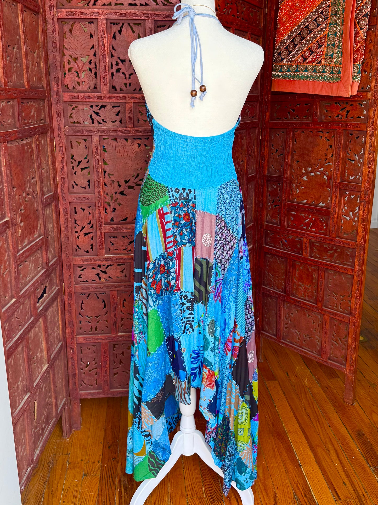 Blue Patchwork Halter Maxi Dress