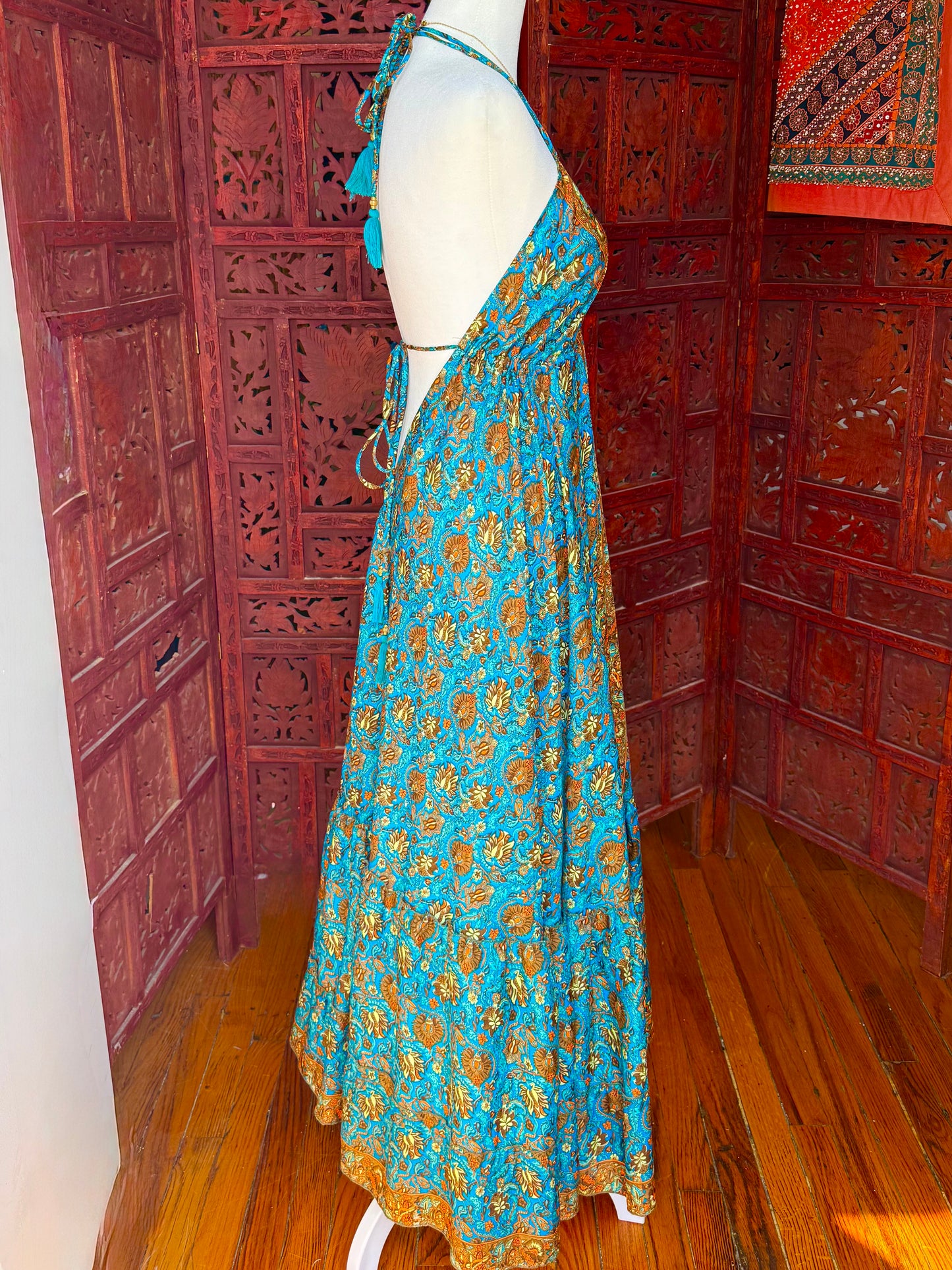 Ocean Blue and Ember Halter Maxi Dress