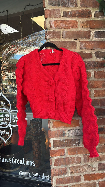 Red Cardigan with Knitted Rose Buttons