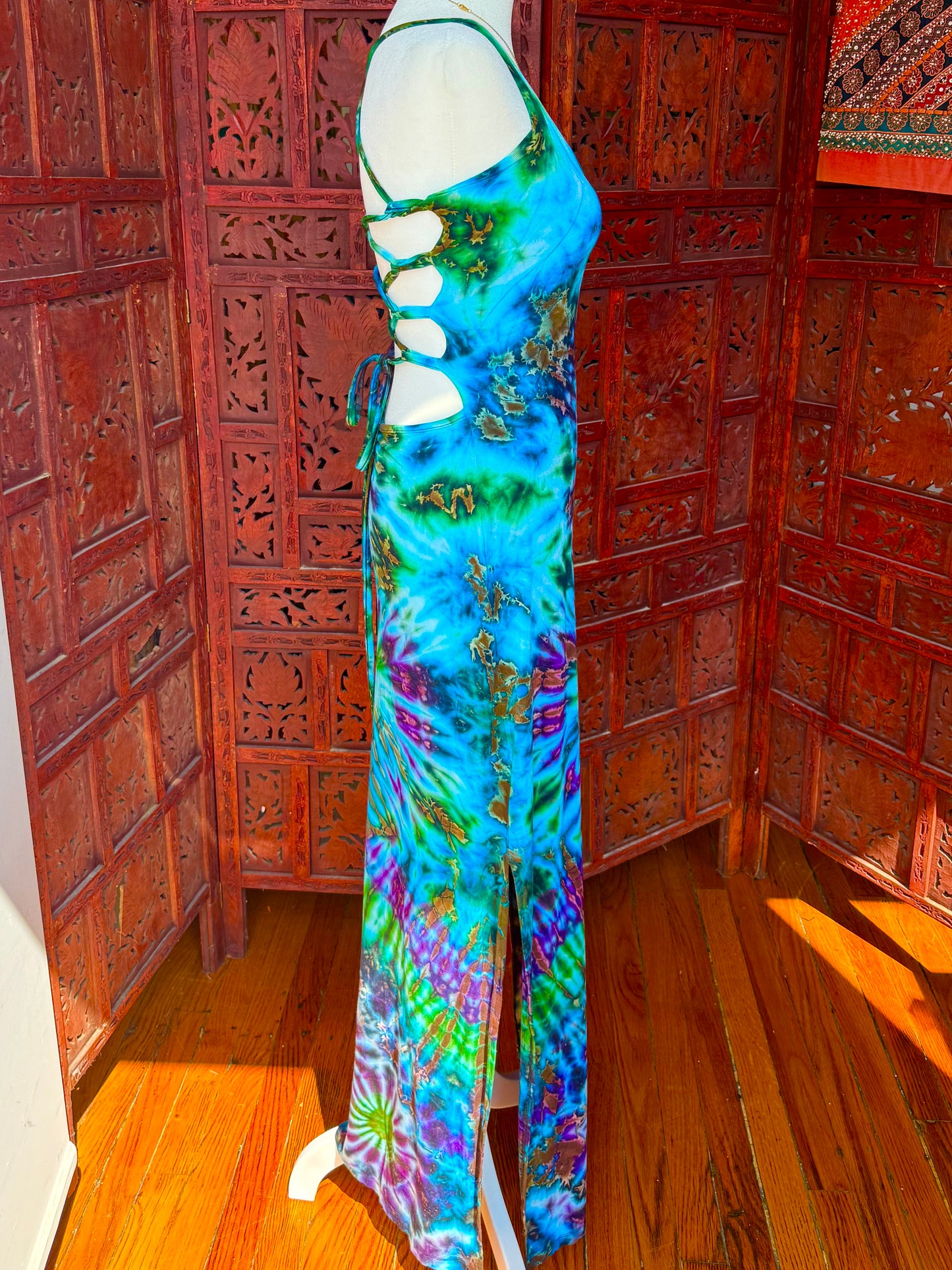 Blue and Green Lace-Up Maxi Dress
