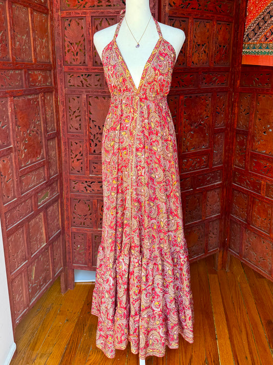 Crimson and Gold Halter Maxi Dress