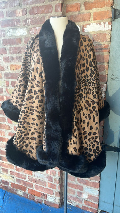 Leopard print Poncho Shawl with Black Faux Fur