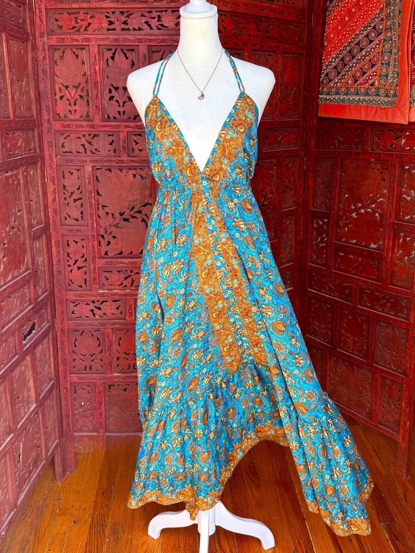 Ocean Blue and Ember Halter Maxi Dress