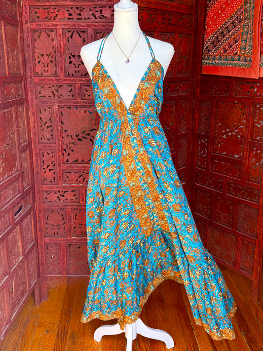 Ocean Blue and Ember Halter Maxi Dress