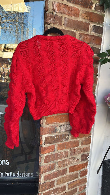 Red Cardigan with Knitted Rose Buttons - alternate view 2