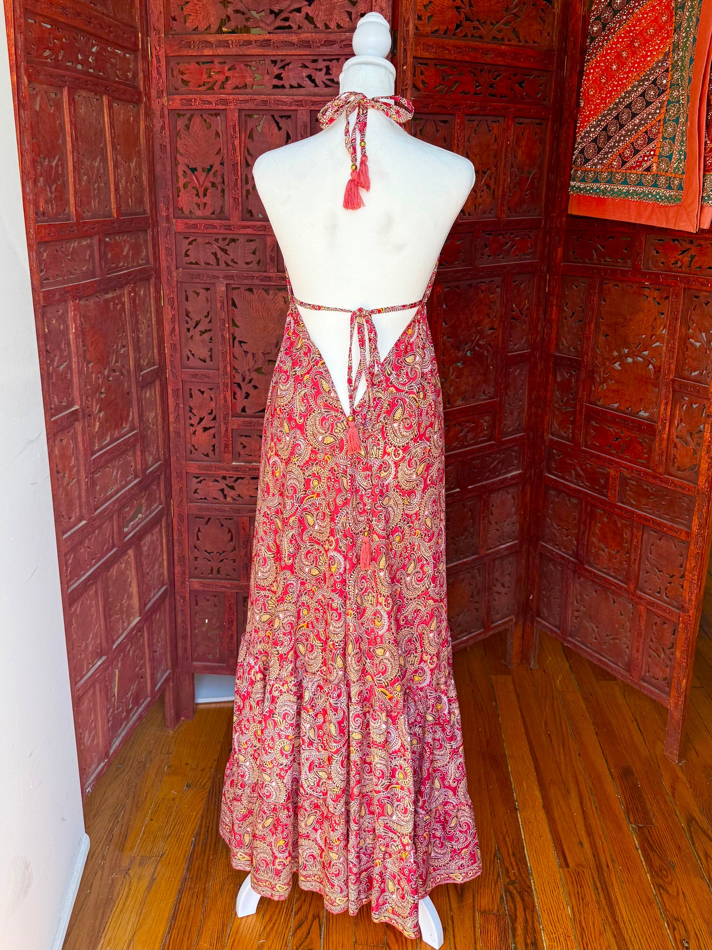 Crimson and Gold Halter Maxi Dress