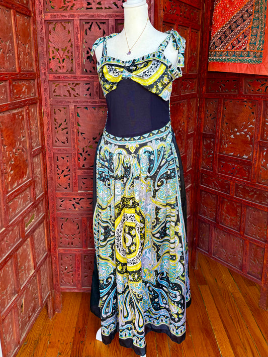 Blue and Yellow Maxi Dress Satin