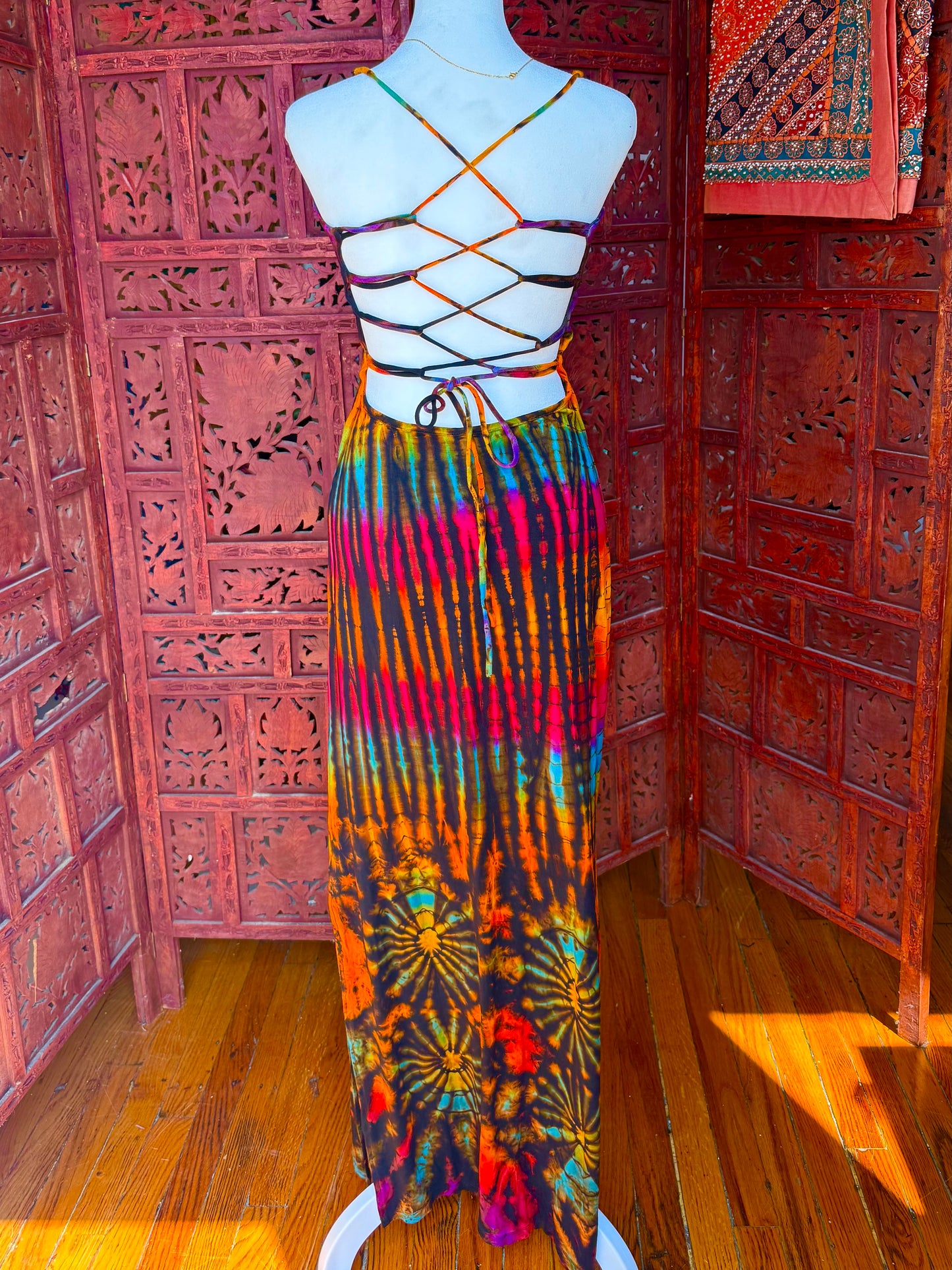 Midnight Prism Lace-Up Maxi Dress