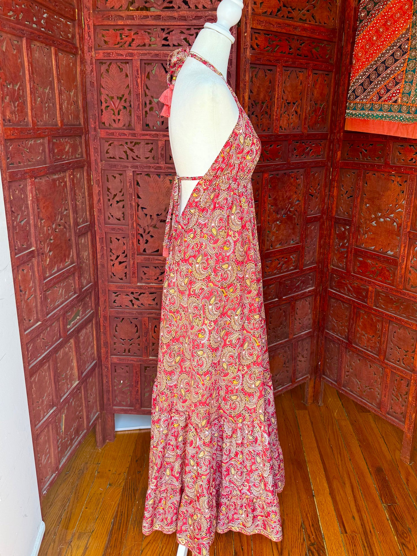 Crimson and Gold Halter Maxi Dress