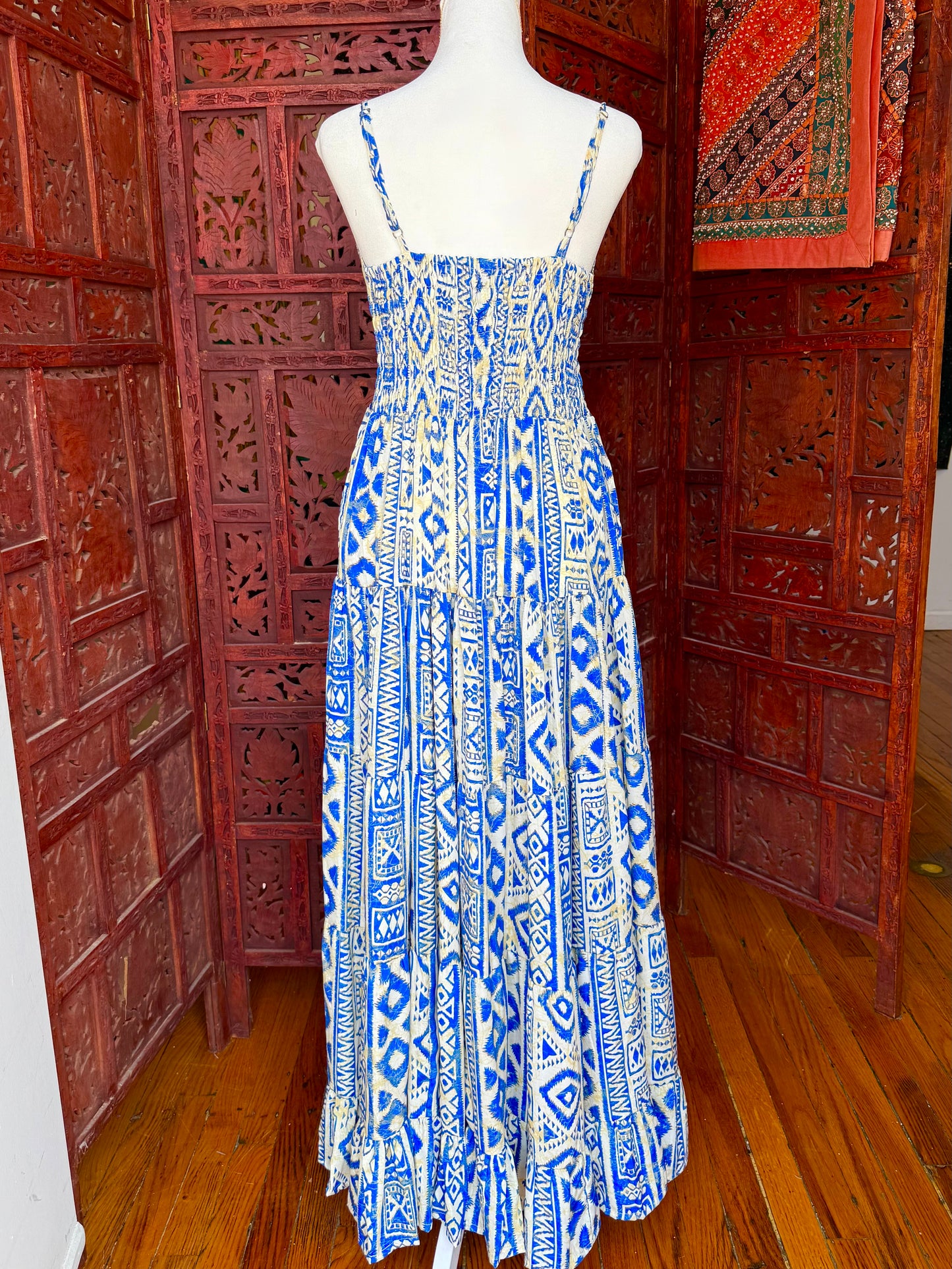 White and Blue Pattern Maxi Dress