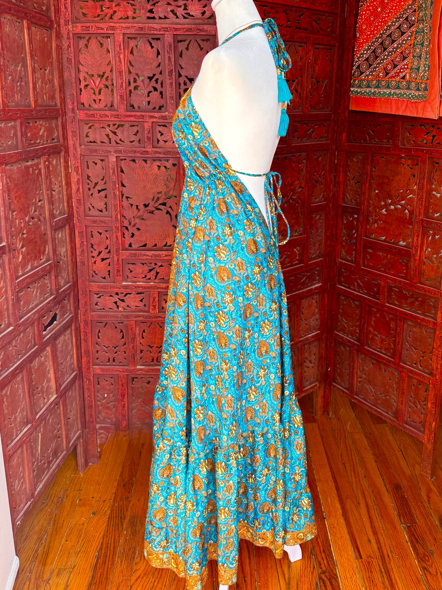 Ocean Blue and Ember Halter Maxi Dress
