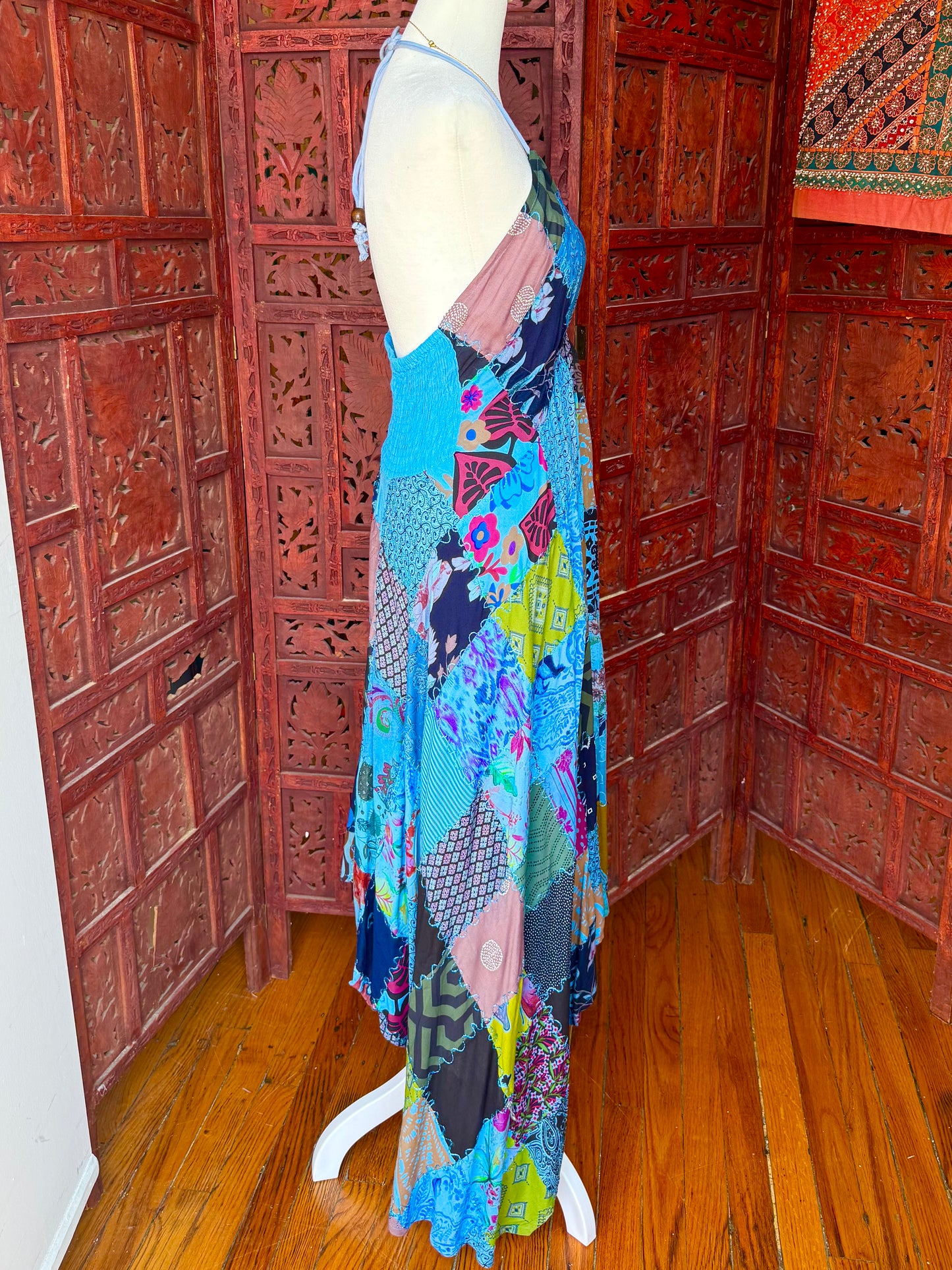 Blue Patchwork Halter Maxi Dress