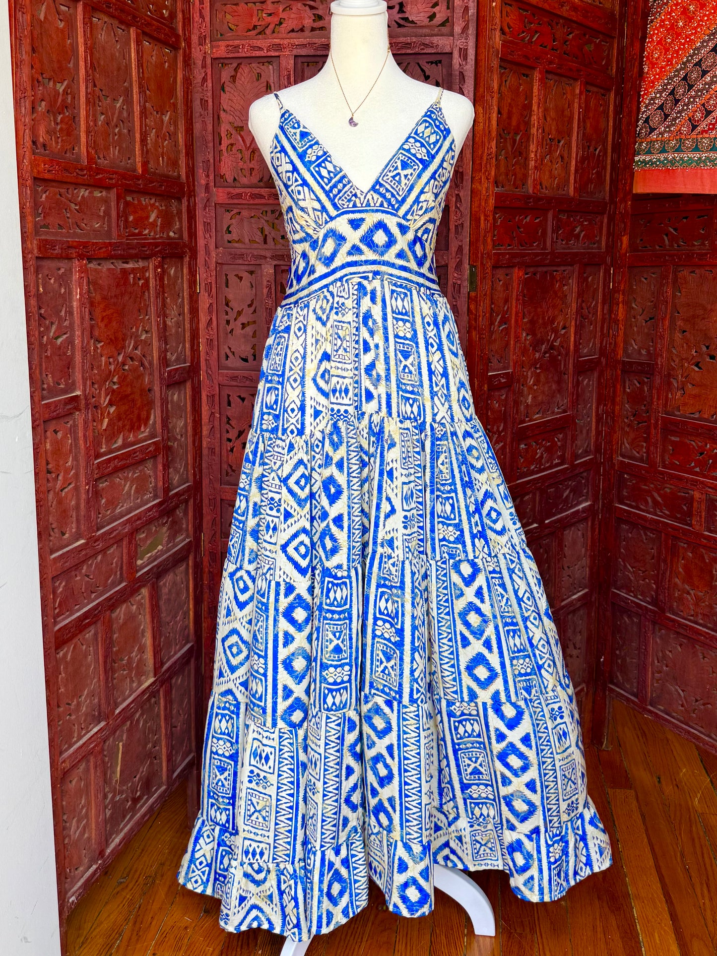 White and Blue Pattern Maxi Dress