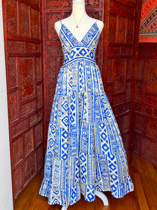 White and Blue Pattern Maxi Dress