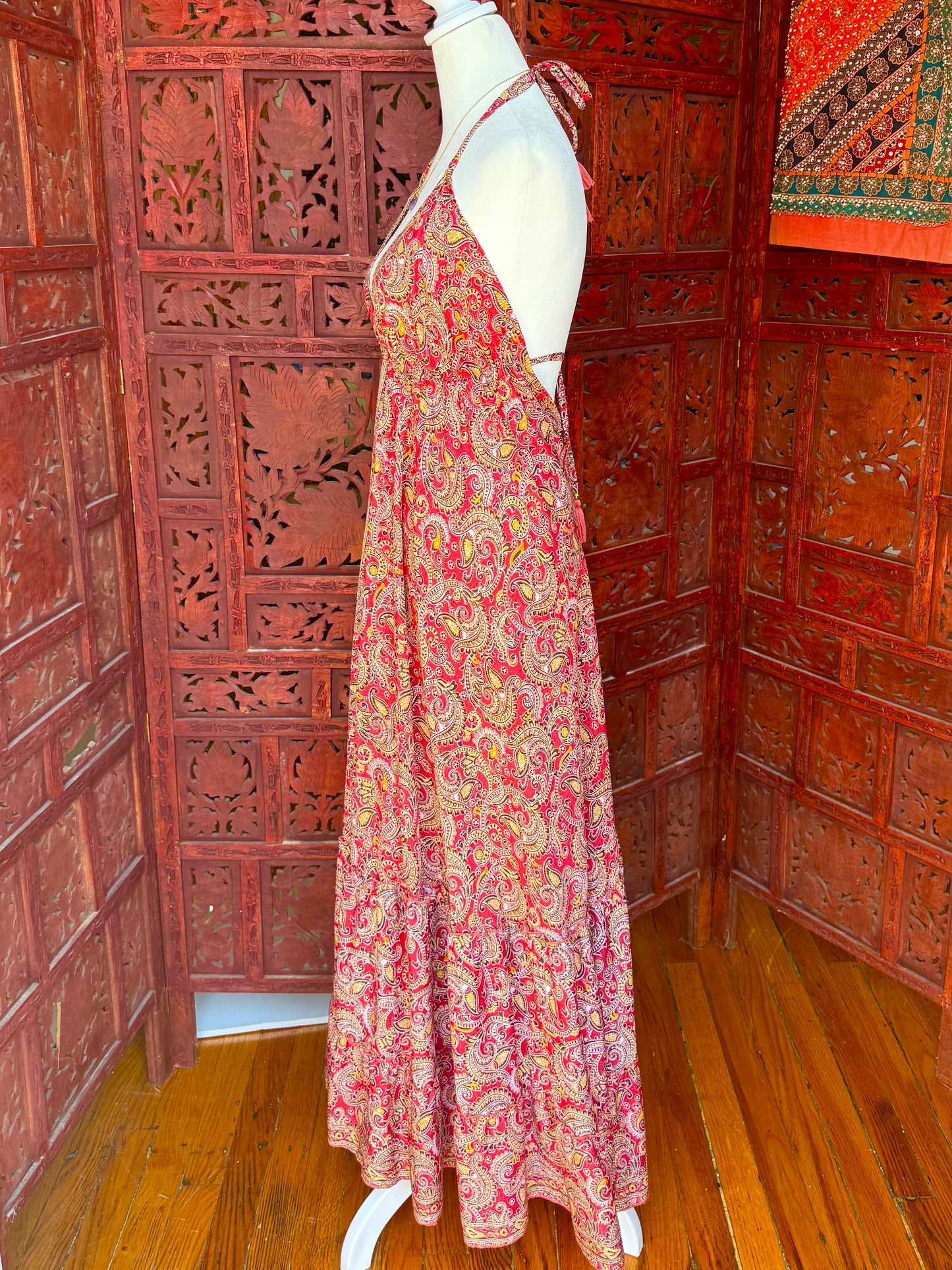 Crimson and Gold Halter Maxi Dress