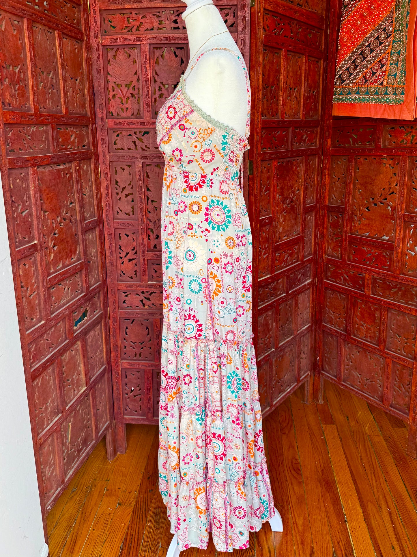 Cream Bohemian Printed Tiered Maxi Dress