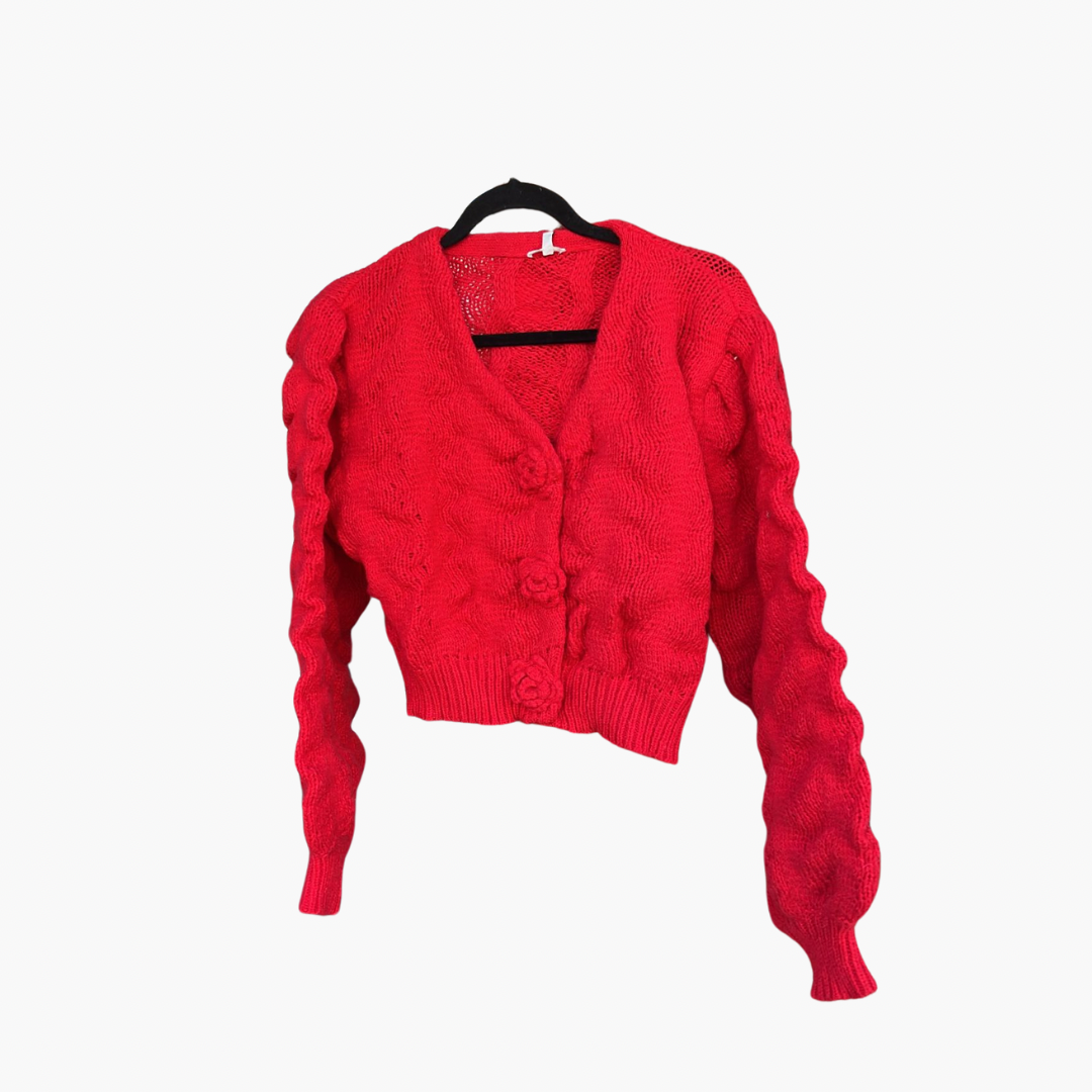 Red Cardigan with Knitted Rose Buttons.