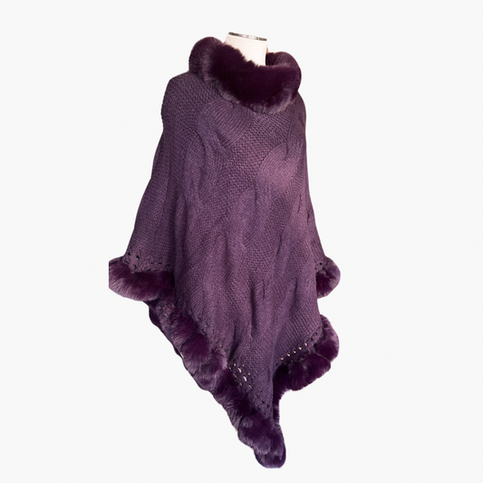 Violet Knitted Poncho Shawl with Faux Fur.