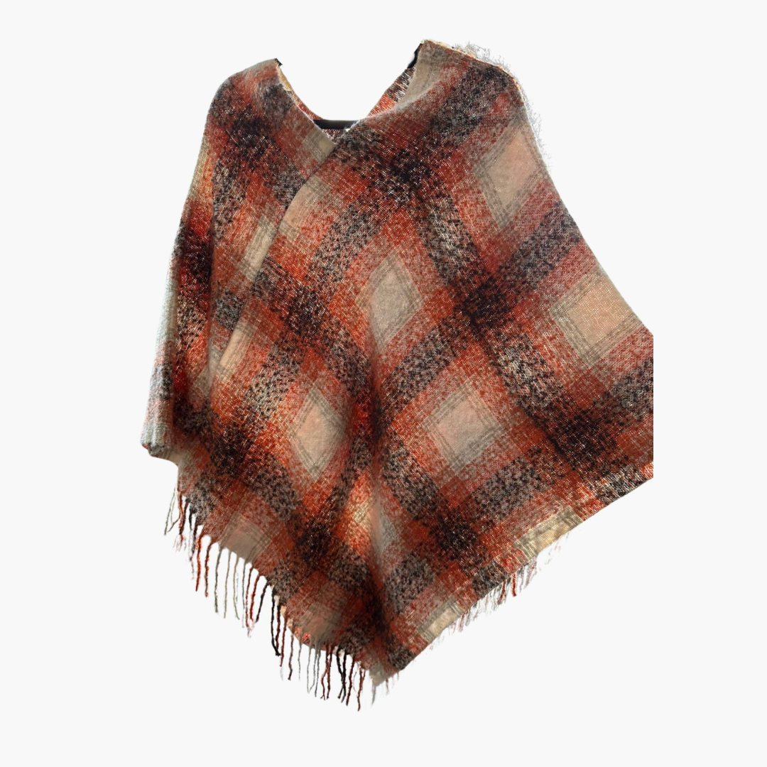 Plaid Patterned Poncho Shawl.