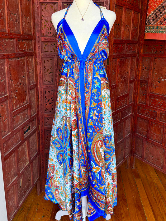 Royal Blue Paisley Halter Maxi Dress Satin