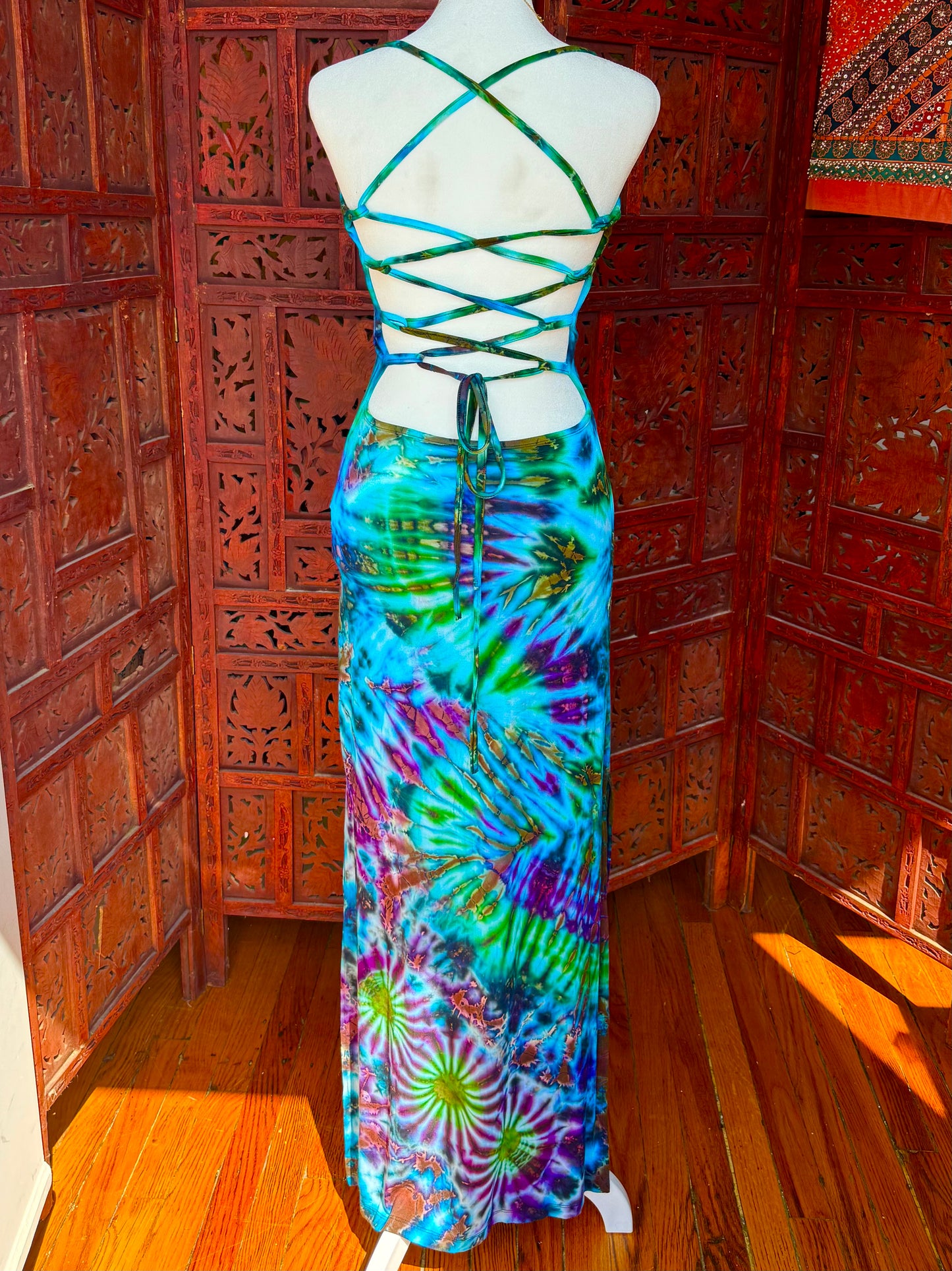 Blue and Green Lace-Up Maxi Dress