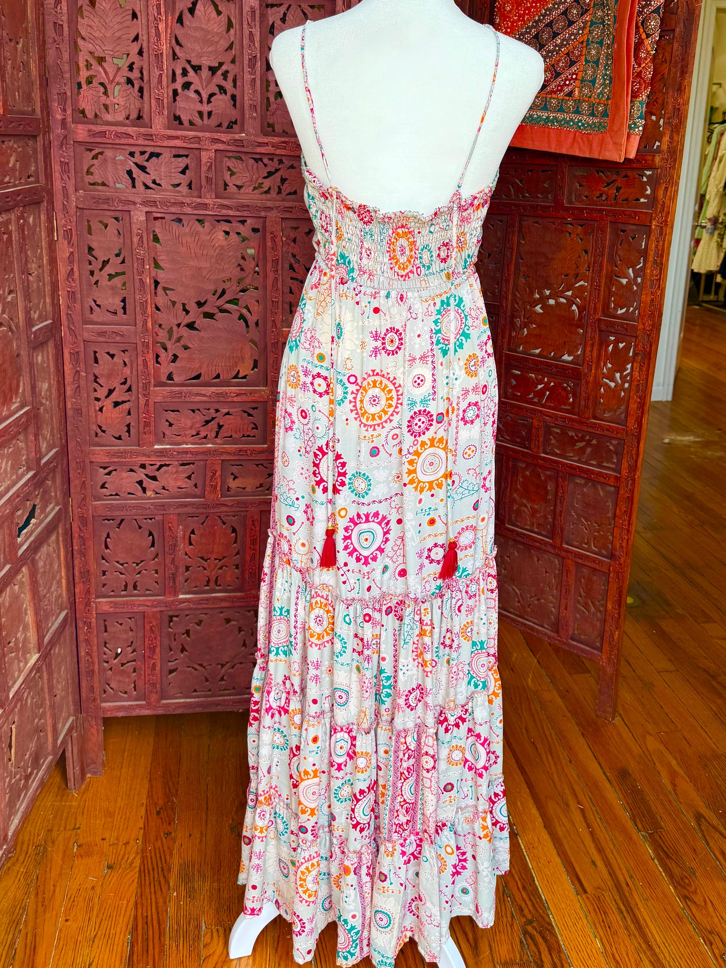 Cream Bohemian Printed Tiered Maxi Dress