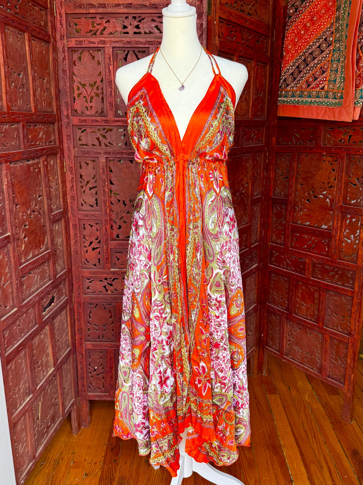 Orange Paisley Halter Maxi Dress