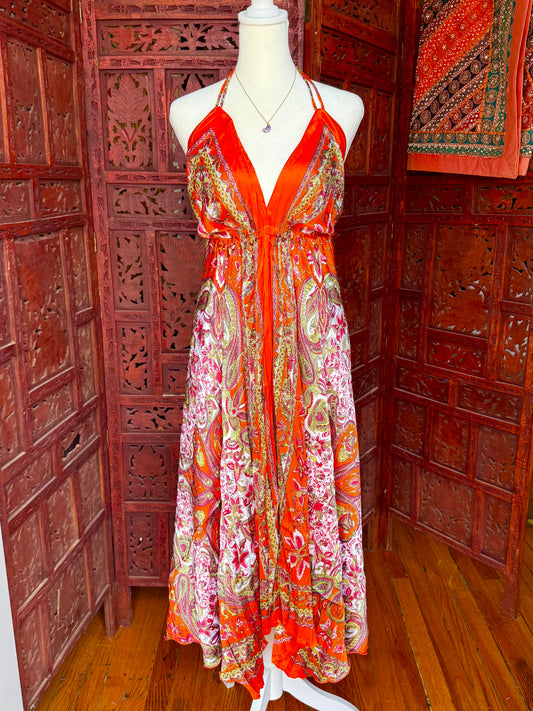 Orange Paisley Halter Maxi Dress Satin
