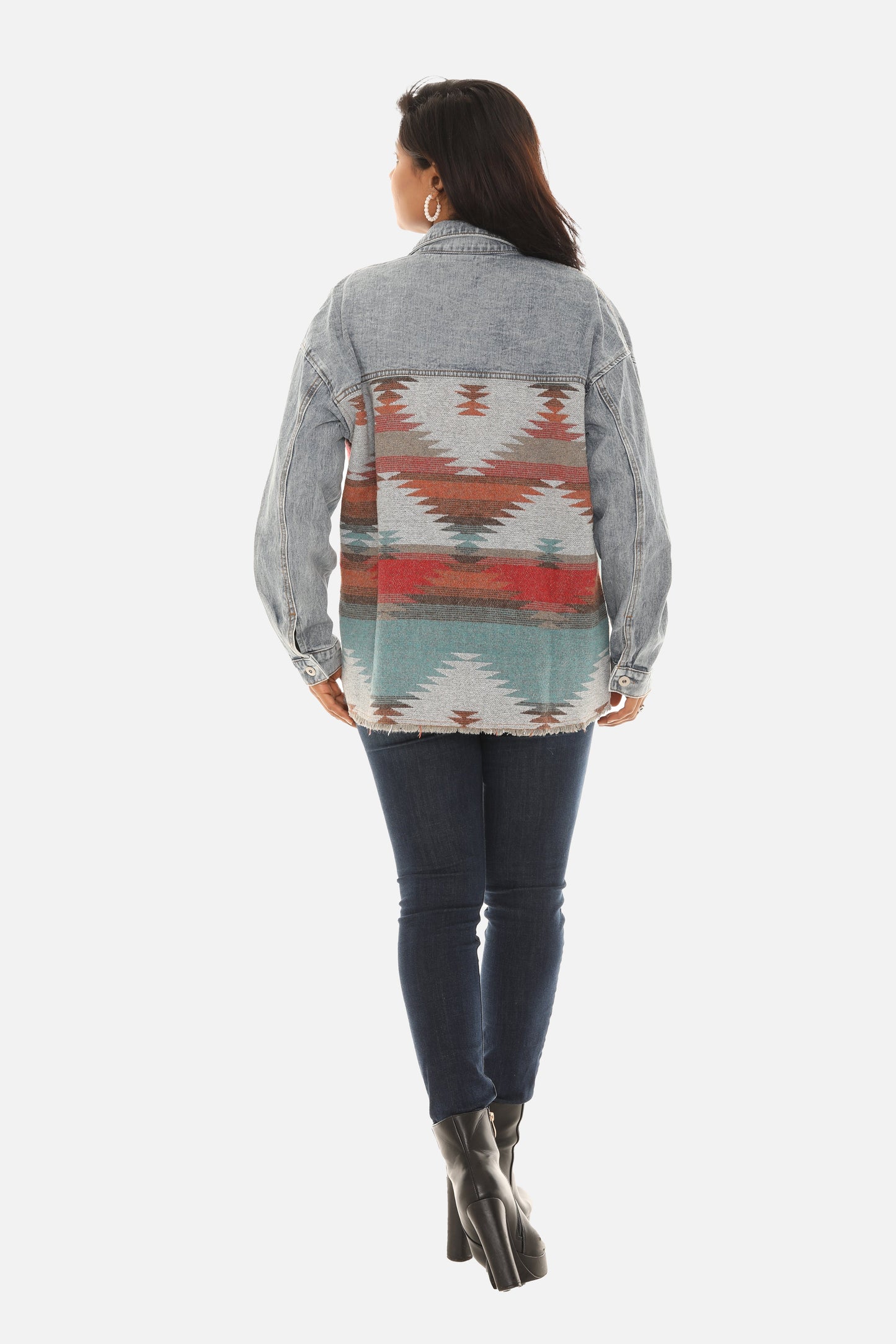 Women's Aztec Print Button Down Denim Jacket guruscreation
