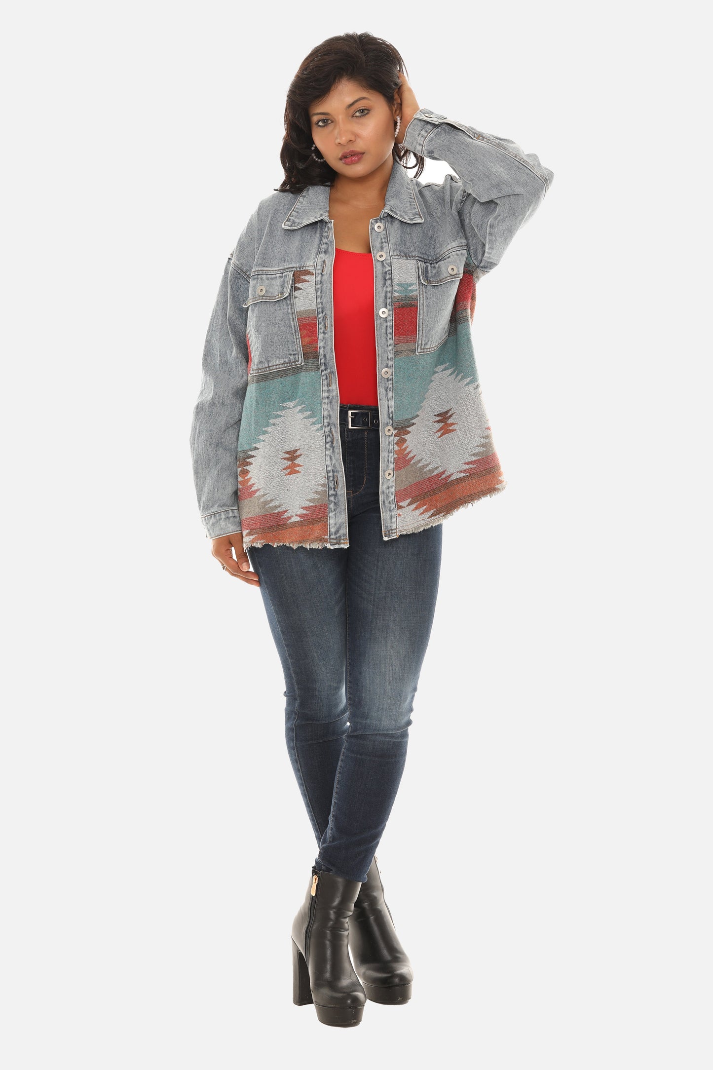 Women's Aztec Print Button Down Denim Jacket guruscreation