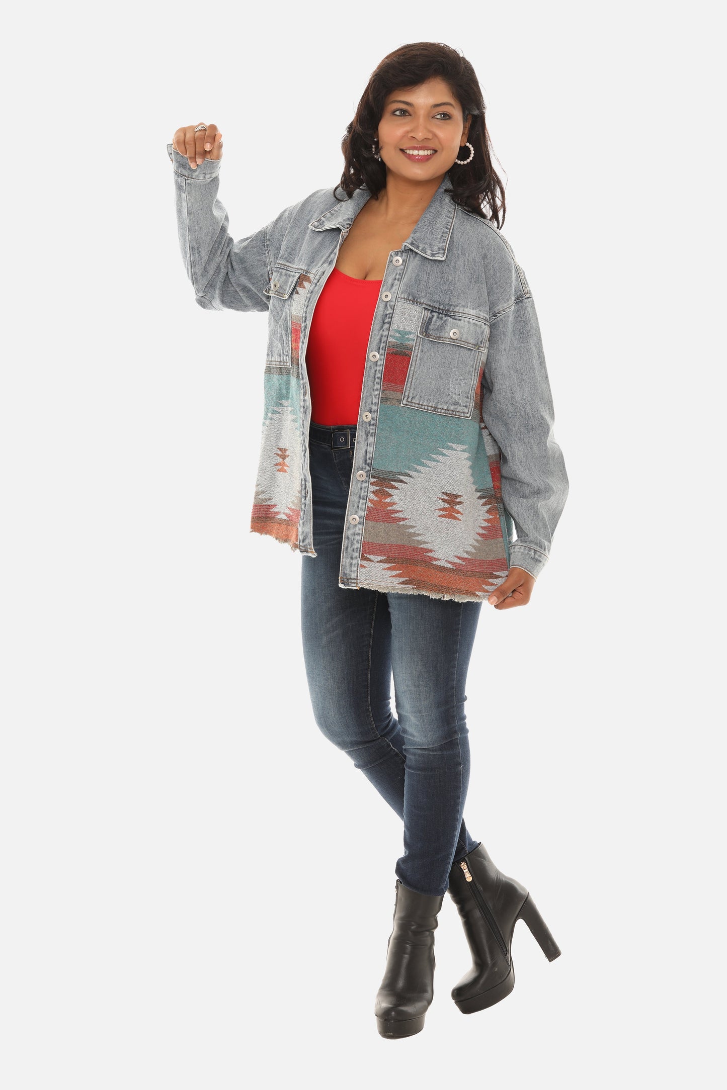 Women's Aztec Print Button Down Denim Jacket guruscreation