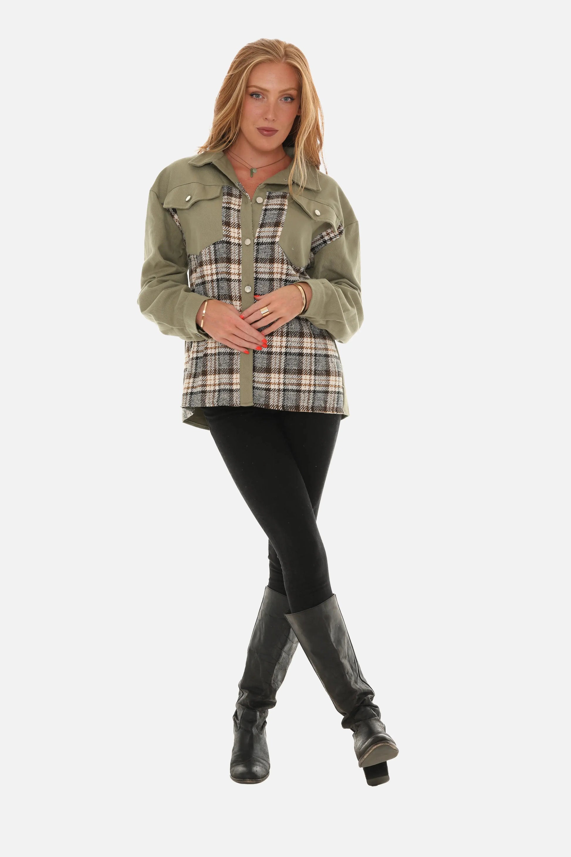 Women's Plaid Patchwork Cotton Twill Denim Button Jacket guruscreation