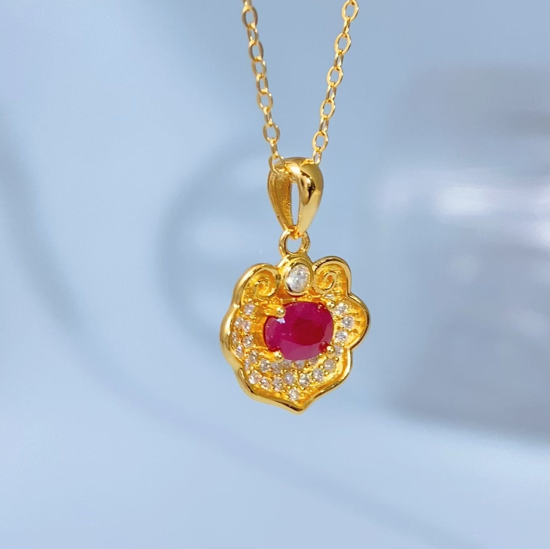 Ruby Floral Filigree Gold Vermeil Pendant — actual supplier gold-finish photo, view 8609