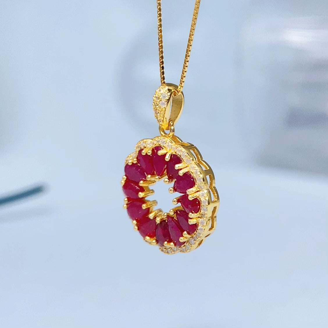 Ruby Circle Halo Gold Vermeil Pendant — actual supplier gold-finish photo, view 8597