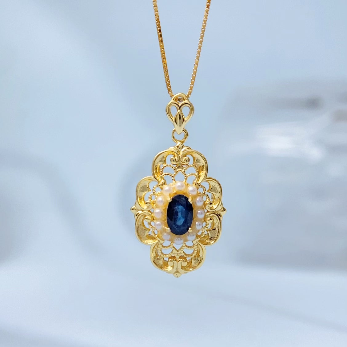 Blue Sapphire Ornate Floral Gold Vermeil Pendant gold-tone supplier photograph 8603