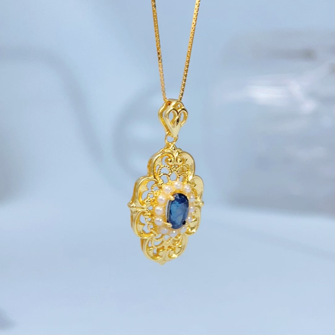 Blue Sapphire Ornate Floral Gold Vermeil Pendant gold-tone supplier photograph 8604